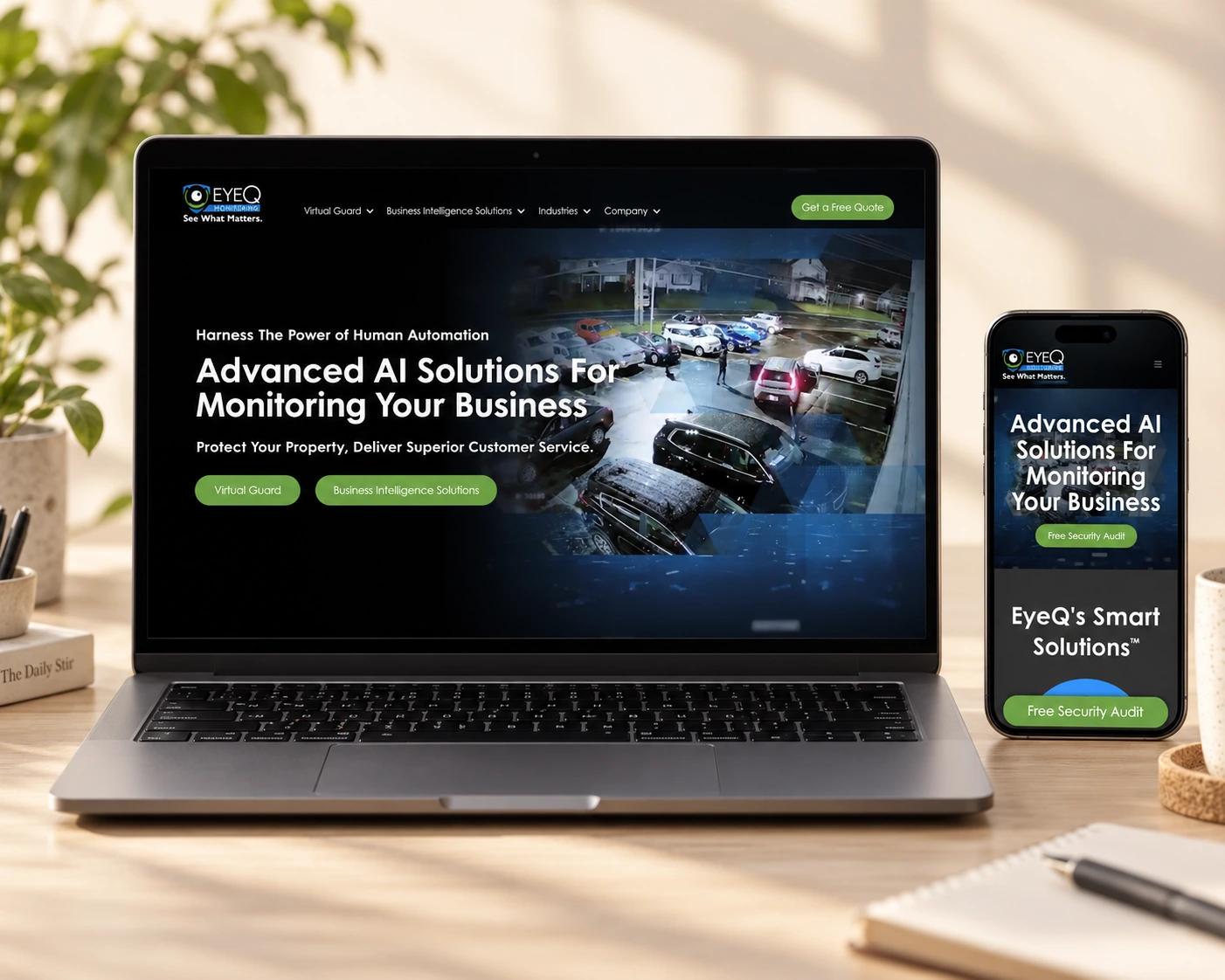EyeQ Monitoring website shown on a laptop and mobile phone.