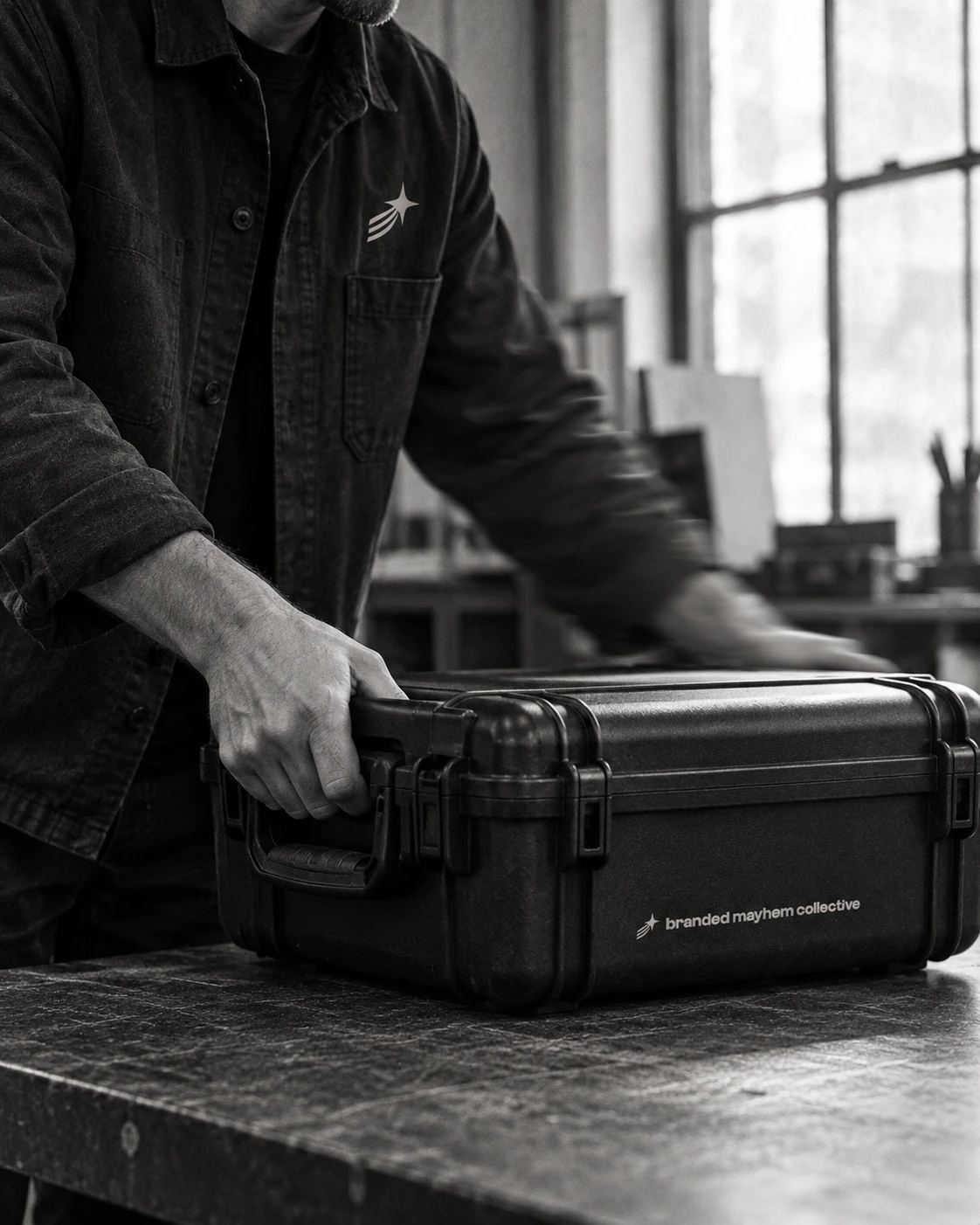 Branded Mayhem Collective mark in a photographed equipment-handling moment.