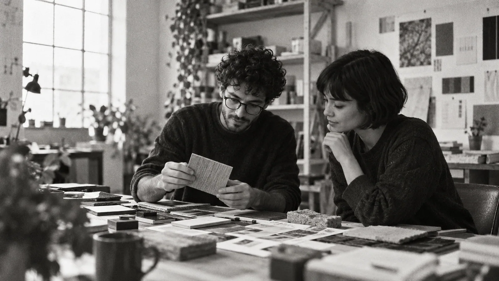 Generated black-and-white editorial photograph: Two collaborators consider material samples for a technology brand.