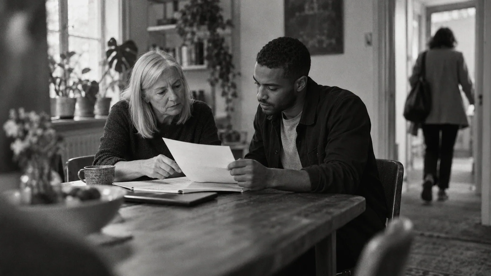 Generated black-and-white editorial photograph: Two colleagues review a handover document as someone leaves the room.