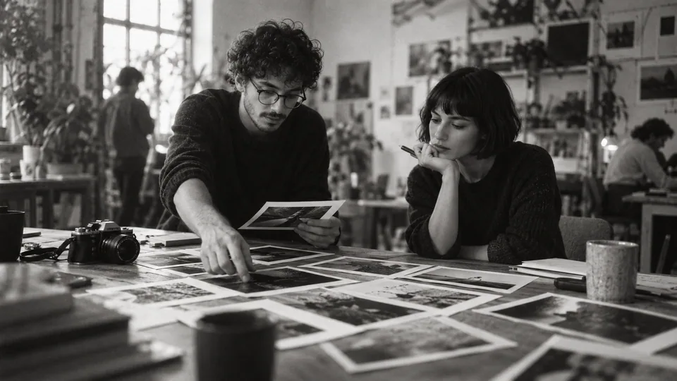 Generated black-and-white editorial photograph: A creative director selects a print beside another maker.