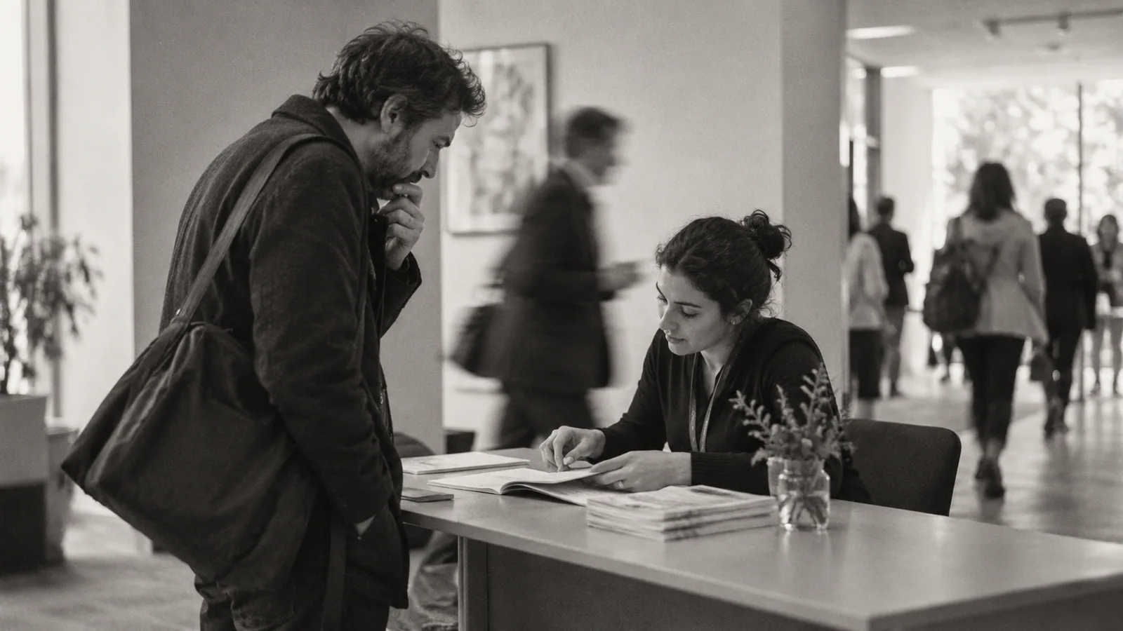 Generated black-and-white editorial photograph: A visitor asks for information while an attendant checks a document.