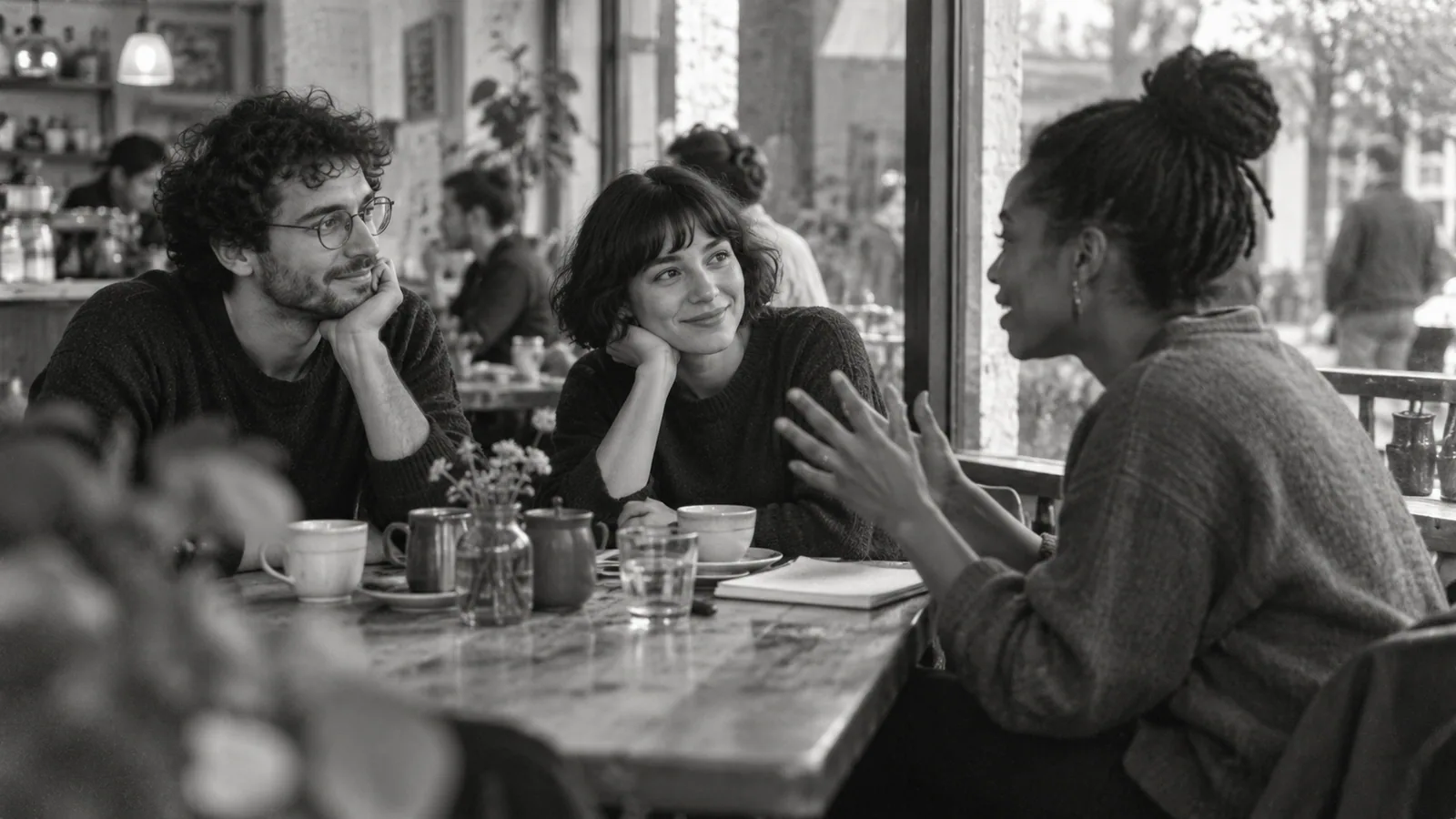 Generated black-and-white editorial photograph: A small team listens to a colleague at a shared table.