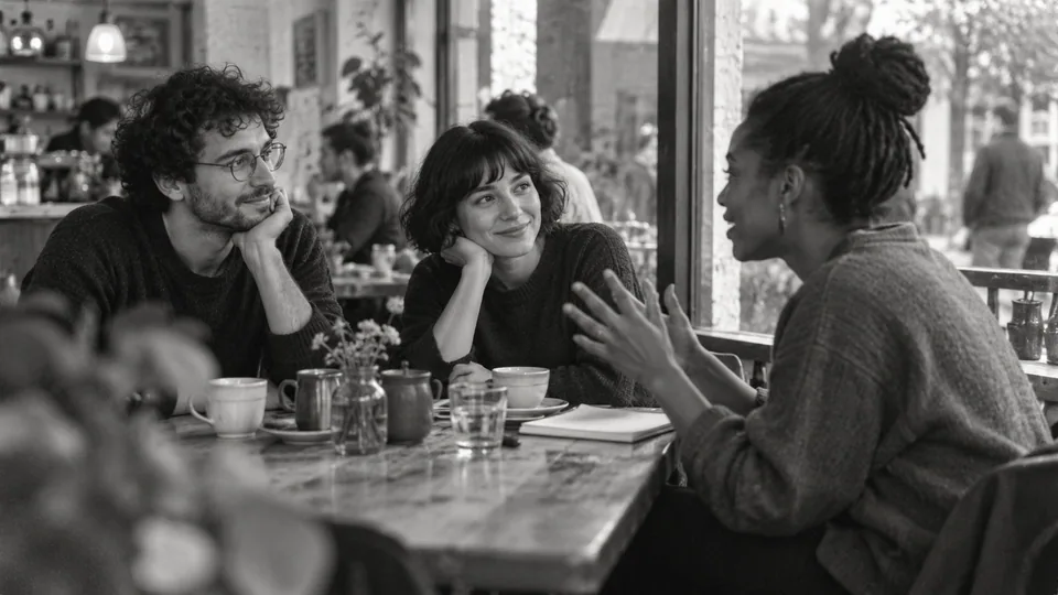 Generated black-and-white editorial photograph: A small team listens to a colleague at a shared table.