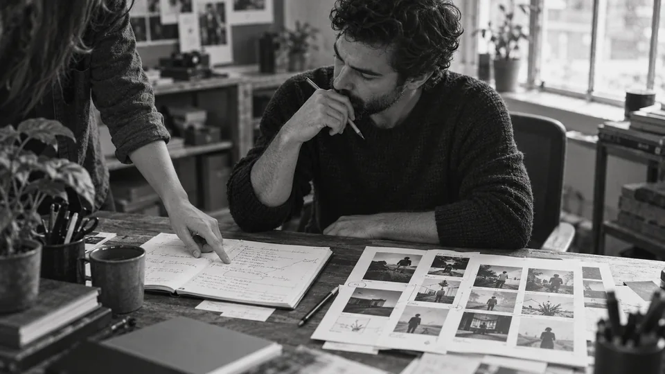 A founder considers a business brief and campaign contact sheets while a colleague points to the brief.