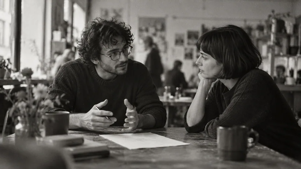 Generated black-and-white editorial photograph: A founder discusses a working sheet across a desk.