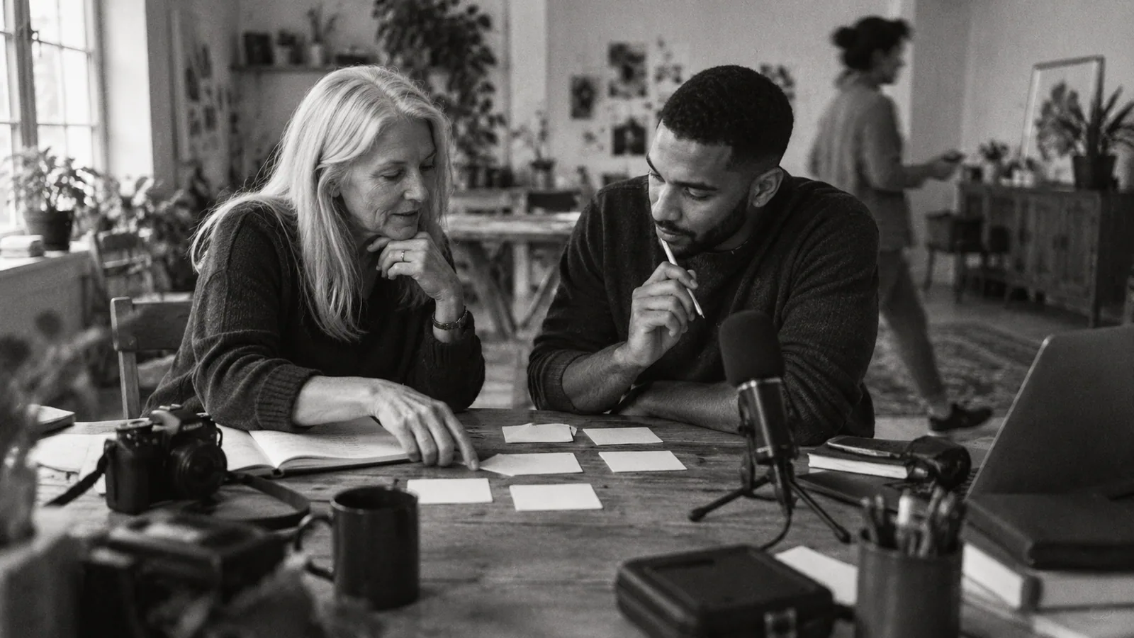 Generated black-and-white editorial photograph: A writer and producer prepare materials for a small content session.