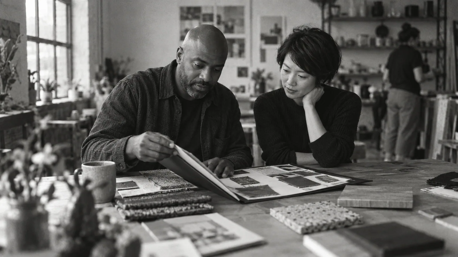 Generated black-and-white editorial photograph: A buyer examines a portfolio folder and samples.