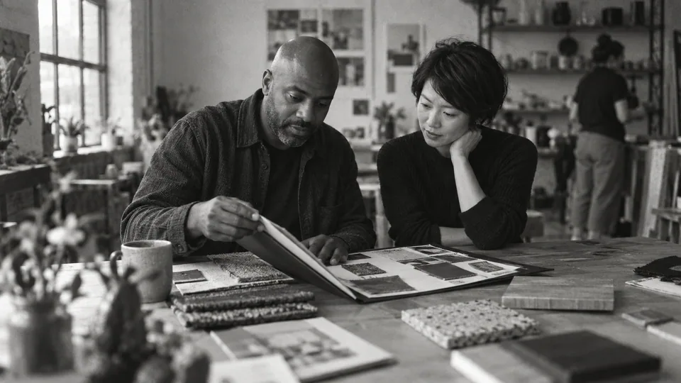 Generated black-and-white editorial photograph: A buyer examines a portfolio folder and samples.