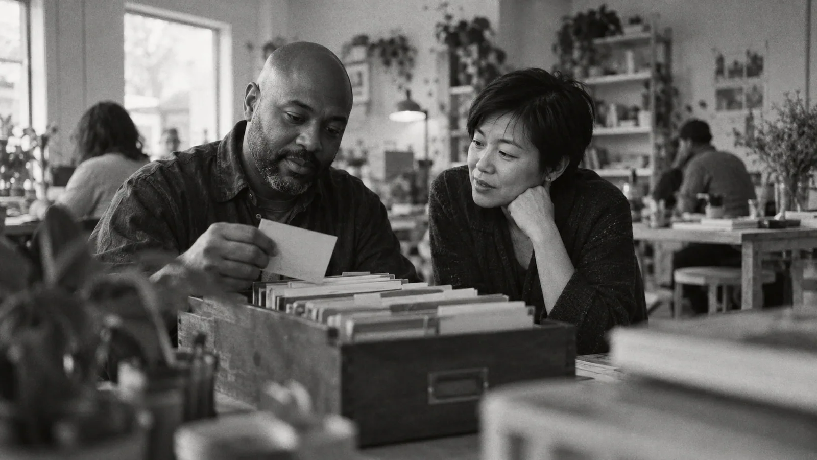 Generated black-and-white editorial photograph: A sales operator selects a card from a filing tray.