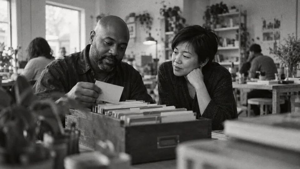 Generated black-and-white editorial photograph: A sales operator selects a card from a filing tray.