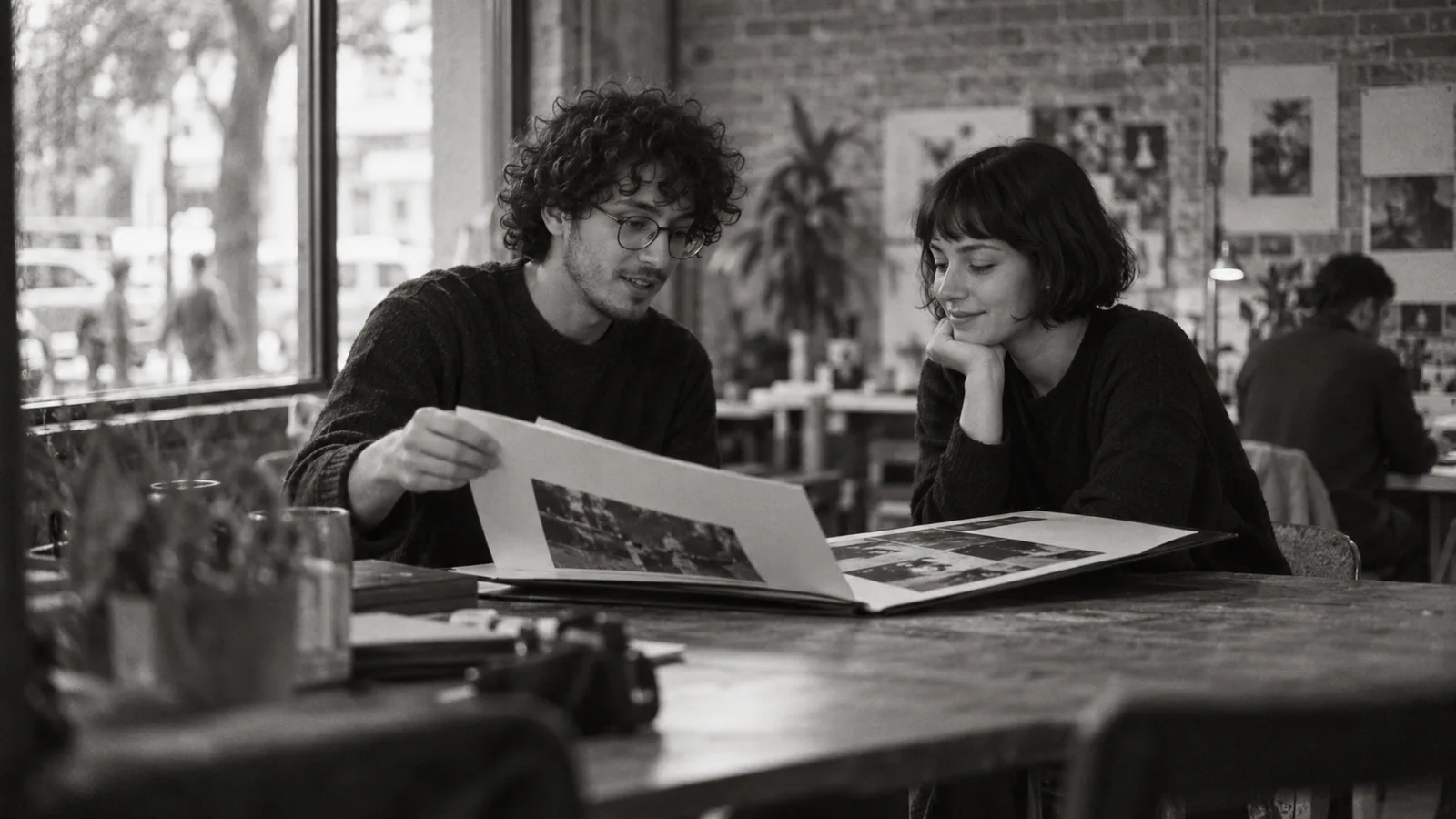 Generated black-and-white editorial photograph: Two people review a portfolio folder during a first meeting.