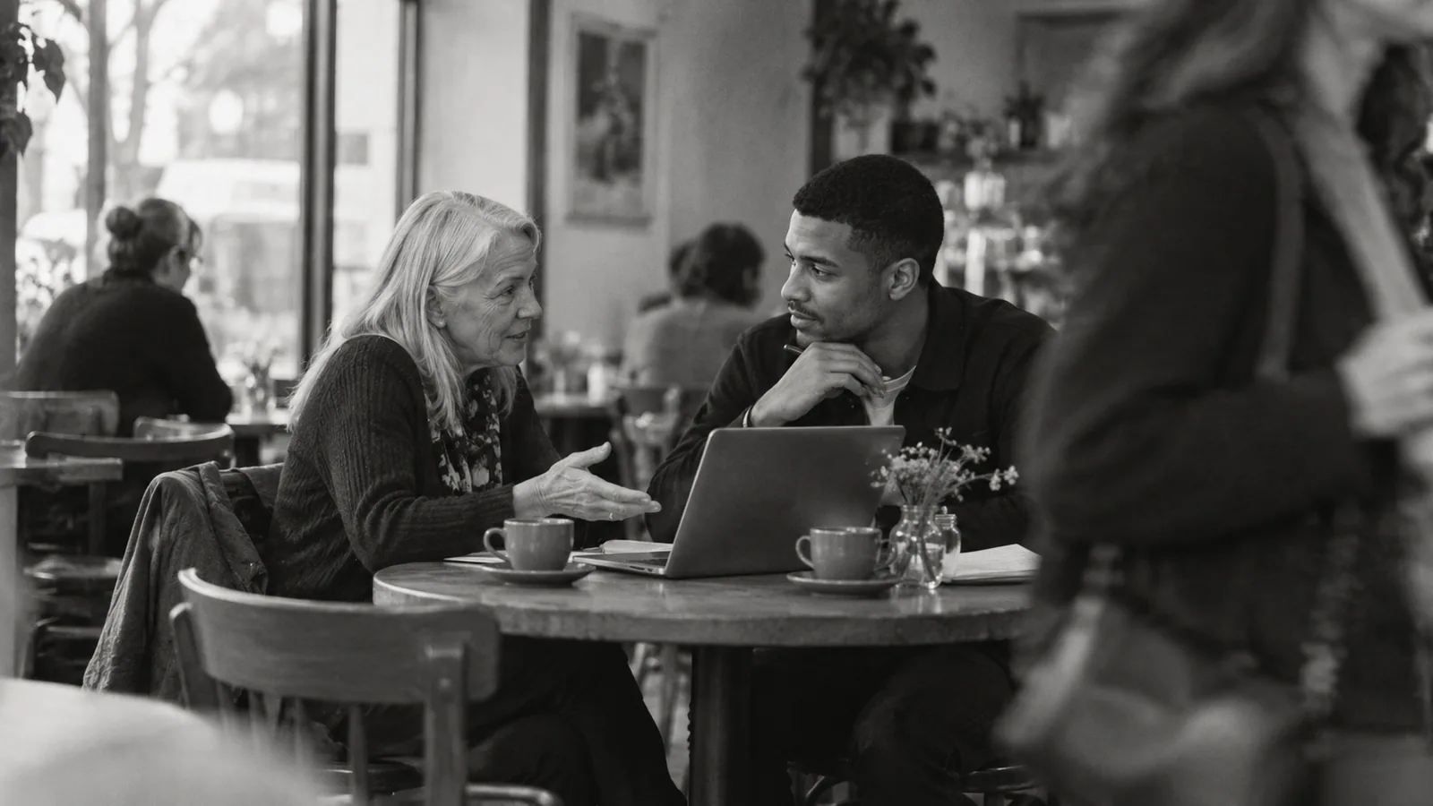 Generated black-and-white editorial photograph: Two people talk at a cafe table as a visitor passes.