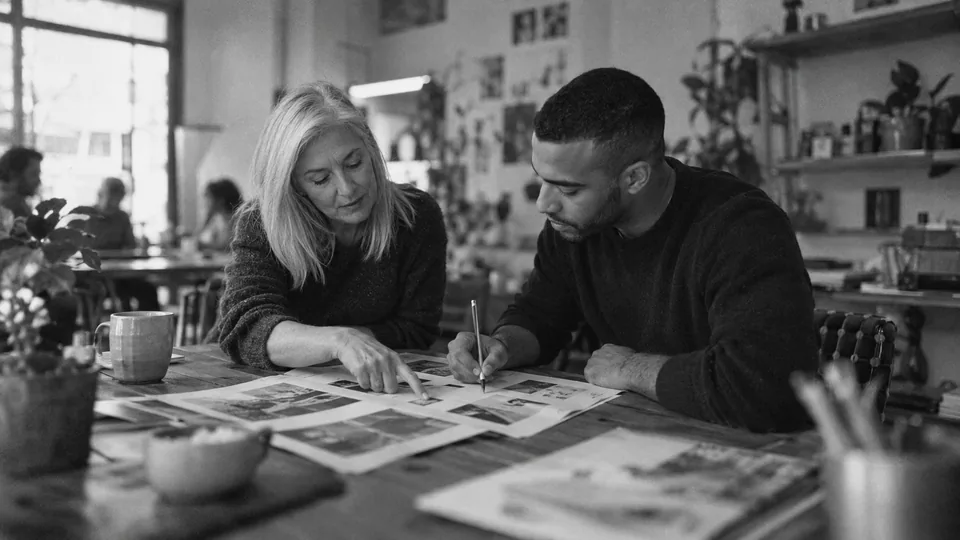 Generated black-and-white editorial photograph: Two colleagues trace the next action on a paper page layout.