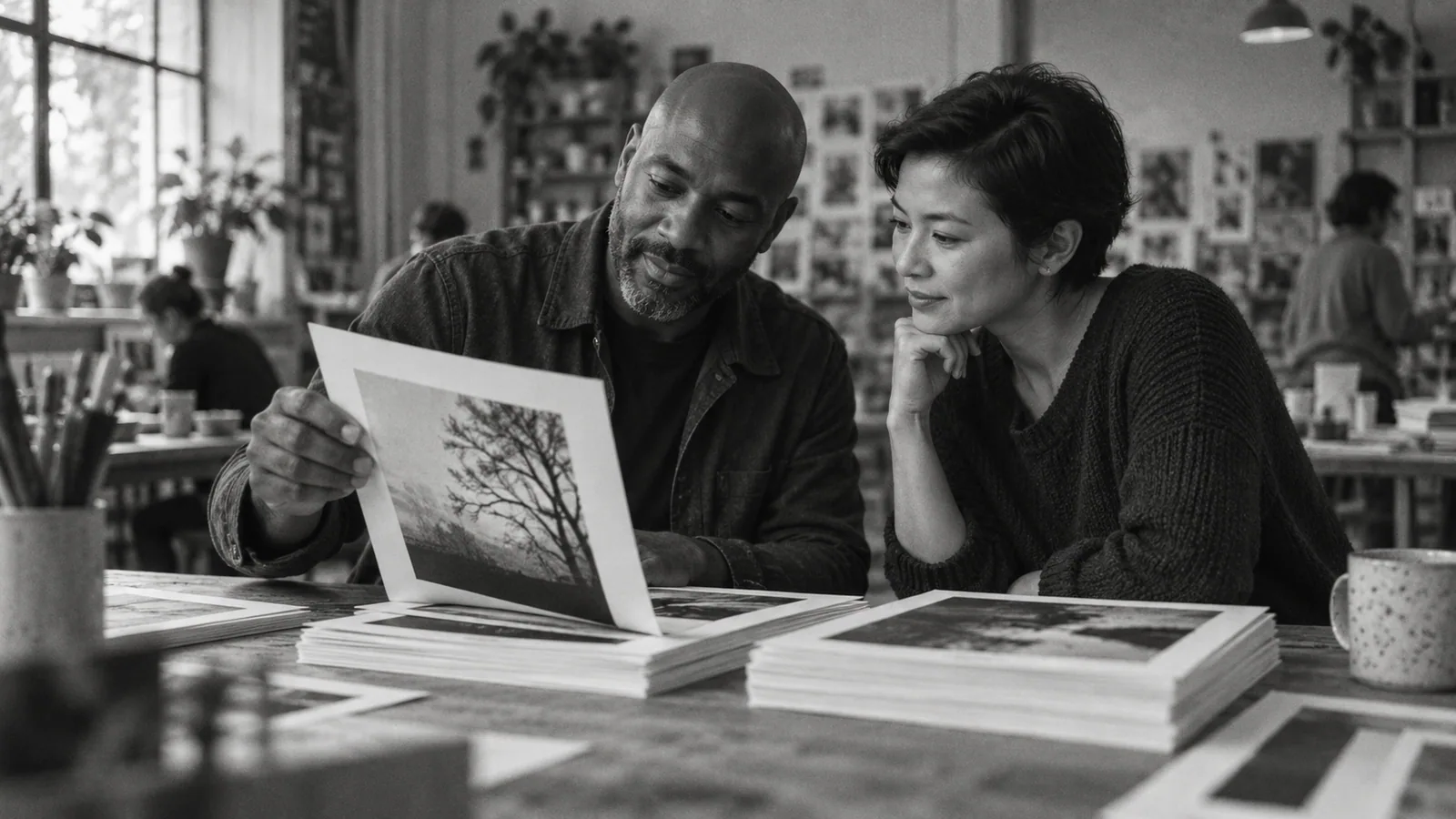 Generated black-and-white editorial photograph: A designer chooses a sample from a stack at a studio table.