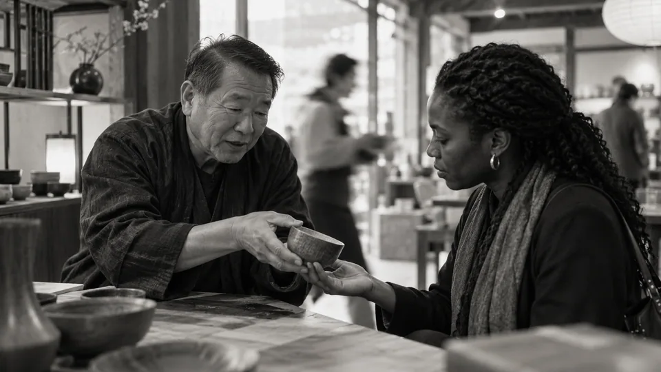 Generated black-and-white editorial photograph: A buyer inspects a sample during a conversation across a table.