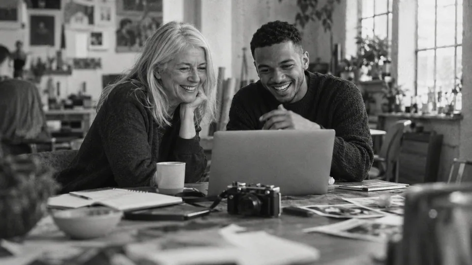 Generated black-and-white editorial photograph: A creative team reviews a small video shoot beside a camera.