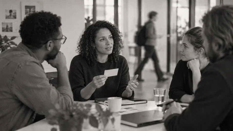 Generated black-and-white editorial photograph: A small team considers a decision at a workshop table.