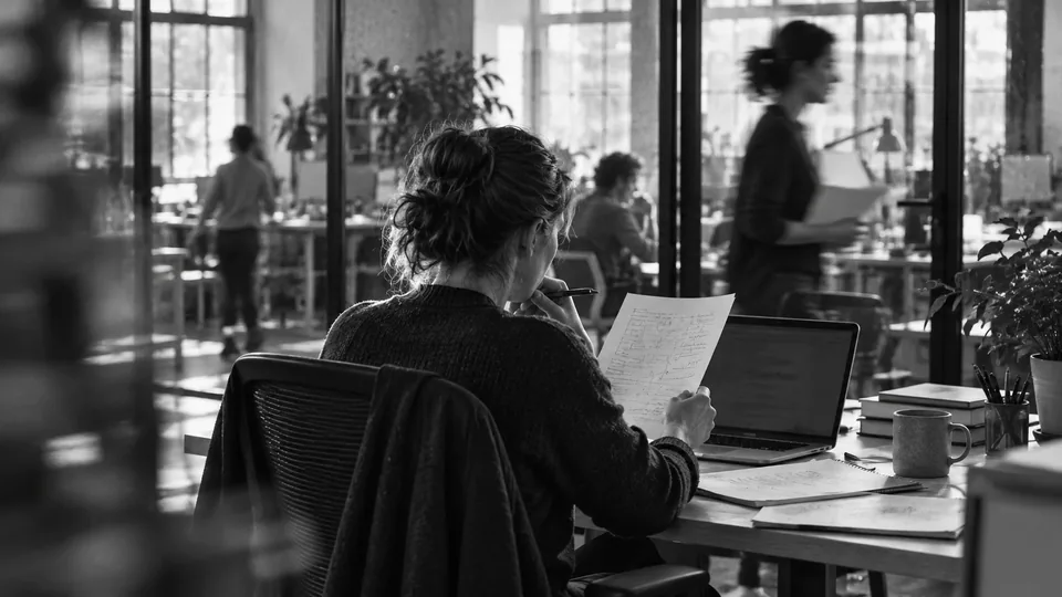 Generated black-and-white editorial photograph: An analyst checks a printed page beside a laptop while a colleague passes behind the glass.