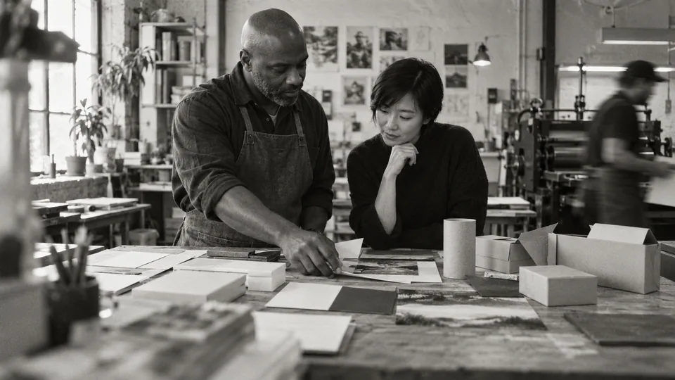Generated black-and-white editorial photograph: A designer and studio owner compare packaging and stationery samples.