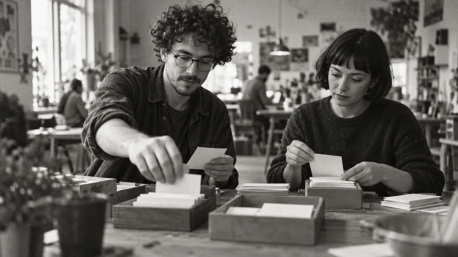 Generated black-and-white editorial photograph: Two team members sort enquiry cards into desk trays.