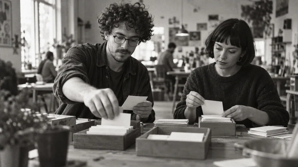 Generated black-and-white editorial photograph: Two team members sort enquiry cards into desk trays.