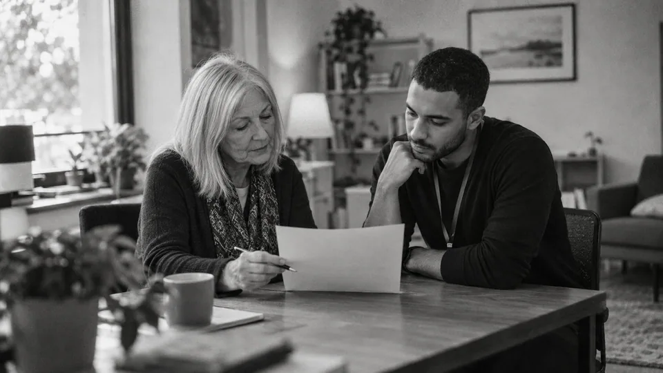 Generated black-and-white editorial photograph: Two practice colleagues review an enquiry sheet in a quiet office.