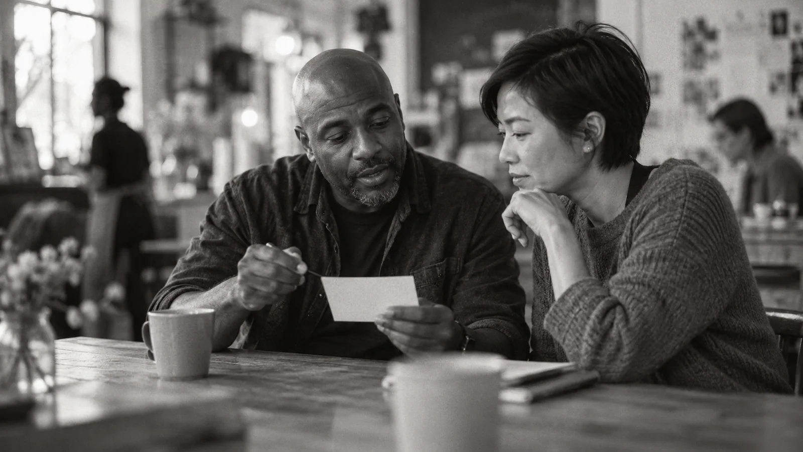 Generated black-and-white editorial photograph: A salesperson and colleague discuss the next action on a paper card.