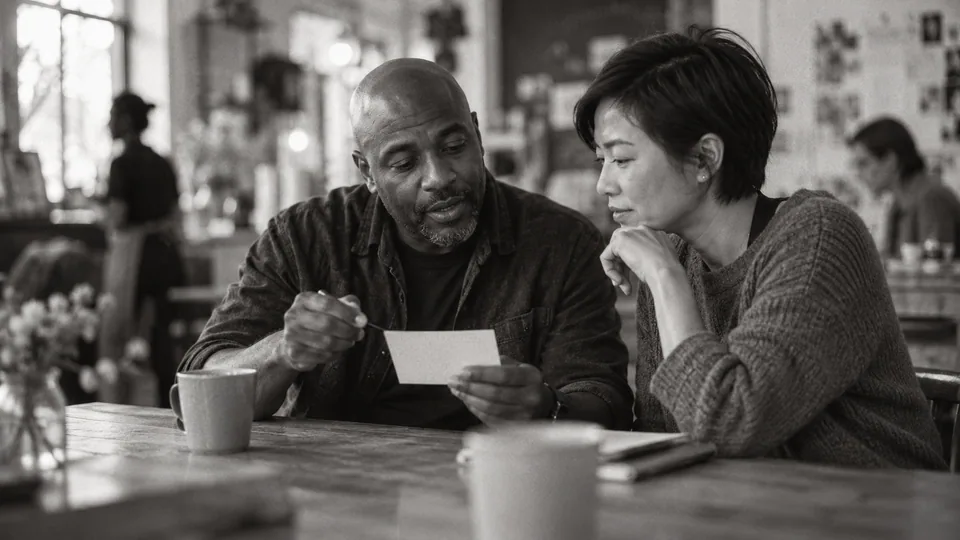 Generated black-and-white editorial photograph: A salesperson and colleague discuss the next action on a paper card.
