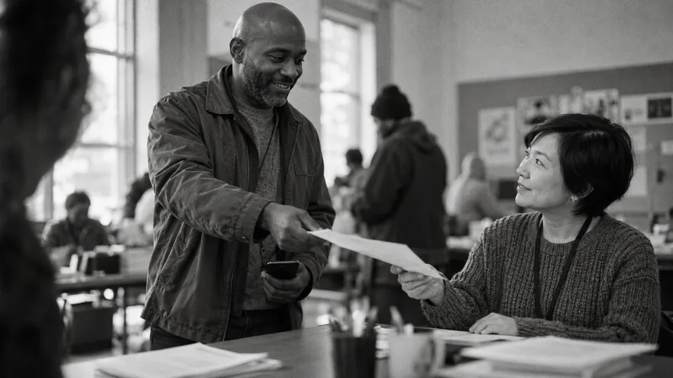 Generated black-and-white editorial photograph: A field-sales colleague hands an enrolment sheet to a coordinator.