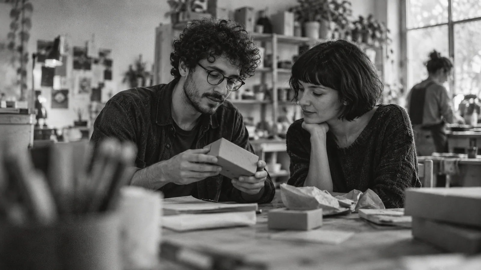 Generated black-and-white editorial photograph: A business owner and customer inspect a packaging sample.