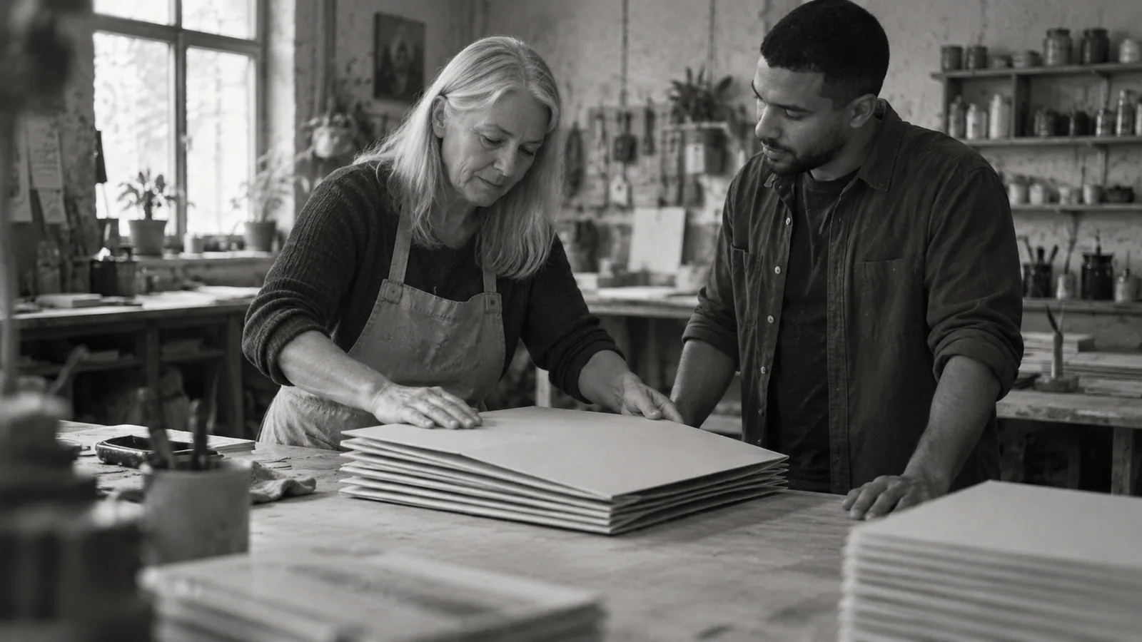 Generated black-and-white editorial photograph: Two collaborators put aside a stack of blank campaign signs.