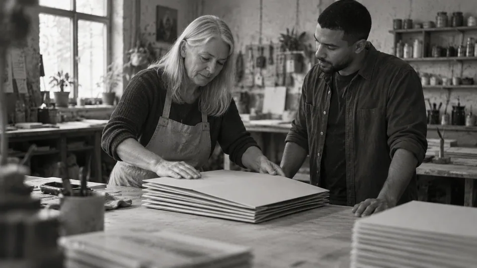 Generated black-and-white editorial photograph: Two collaborators put aside a stack of blank campaign signs.