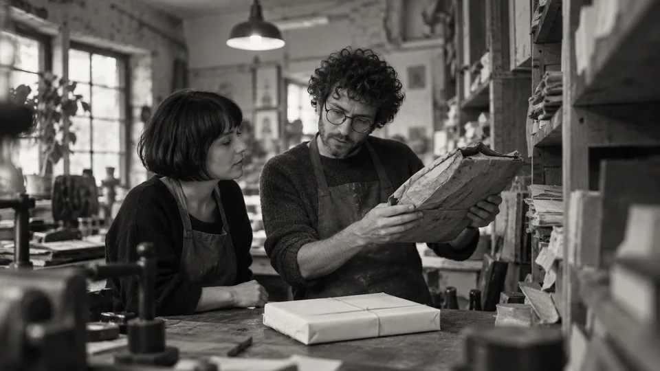 Generated black-and-white editorial photograph: A workshop owner compares an older package with a new sample.
