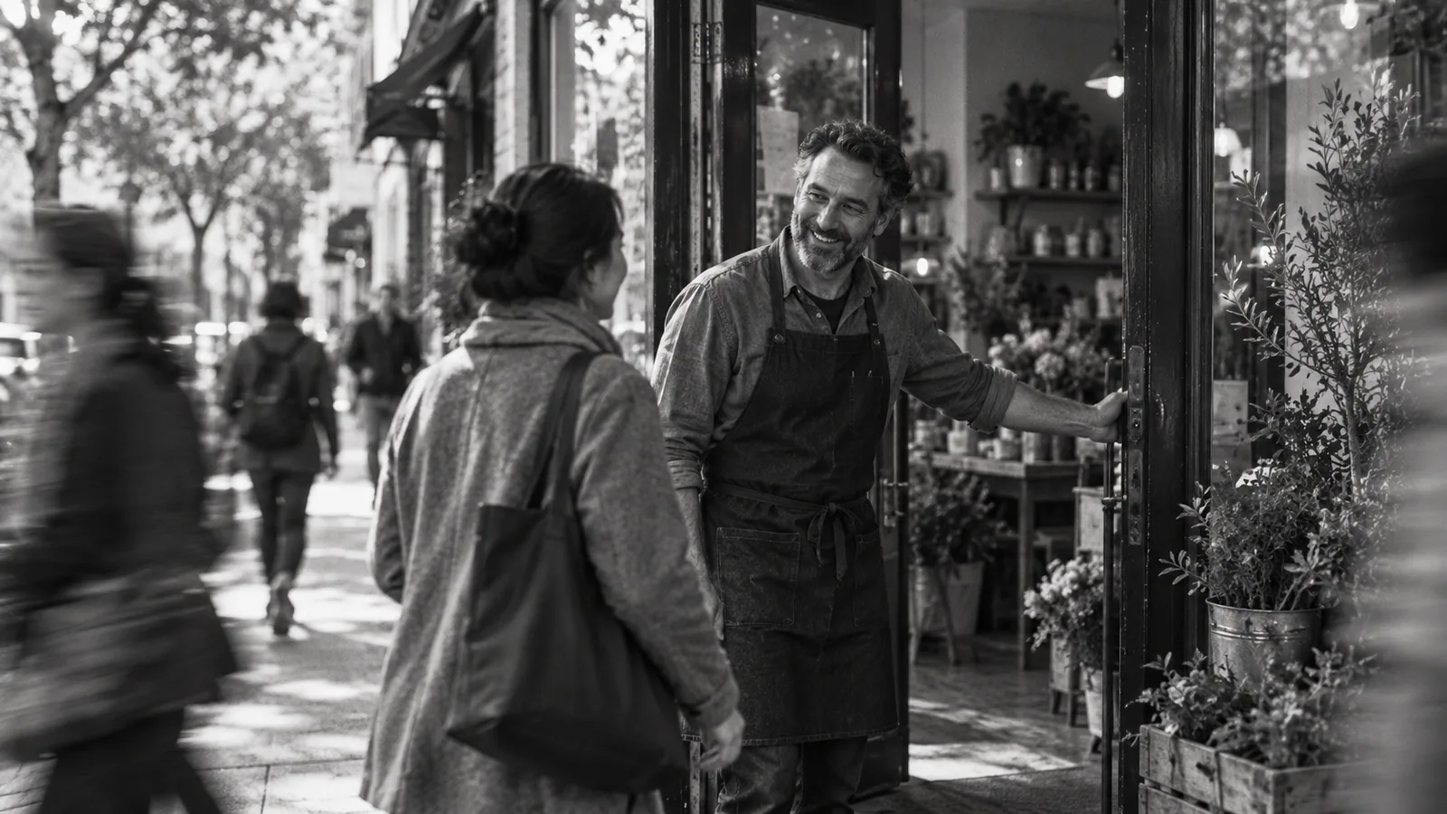 Generated black-and-white editorial photograph: A shop owner welcomes a visitor while pedestrians pass along the street.