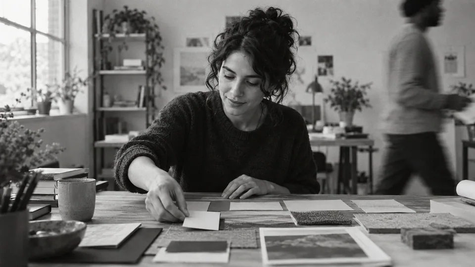 Generated black-and-white editorial photograph: A designer compares a small card with a set of physical identity materials.