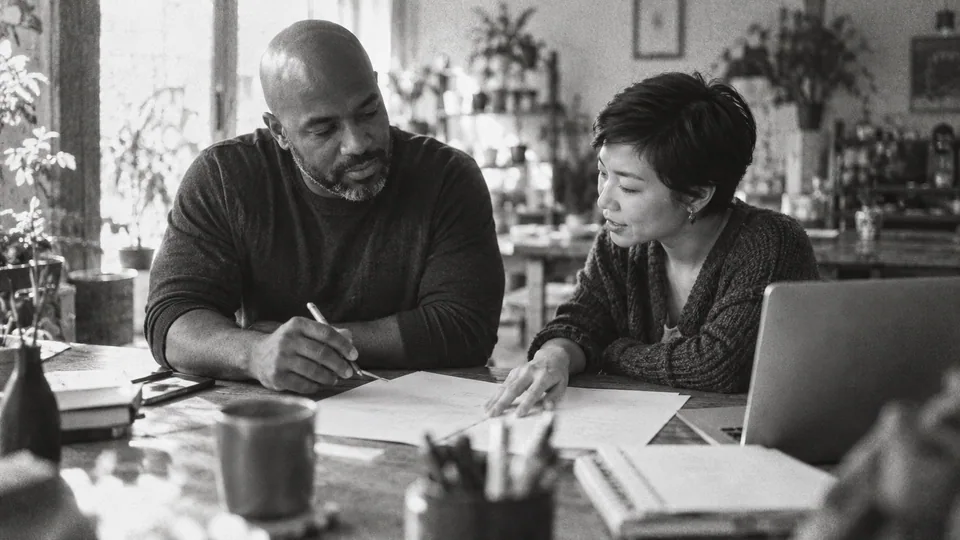Generated black-and-white editorial photograph: A wellness-business owner and designer review a booking worksheet.