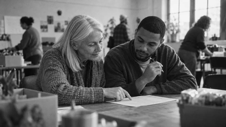Generated black-and-white editorial photograph: A volunteer and staff member review a sheet in a community room.