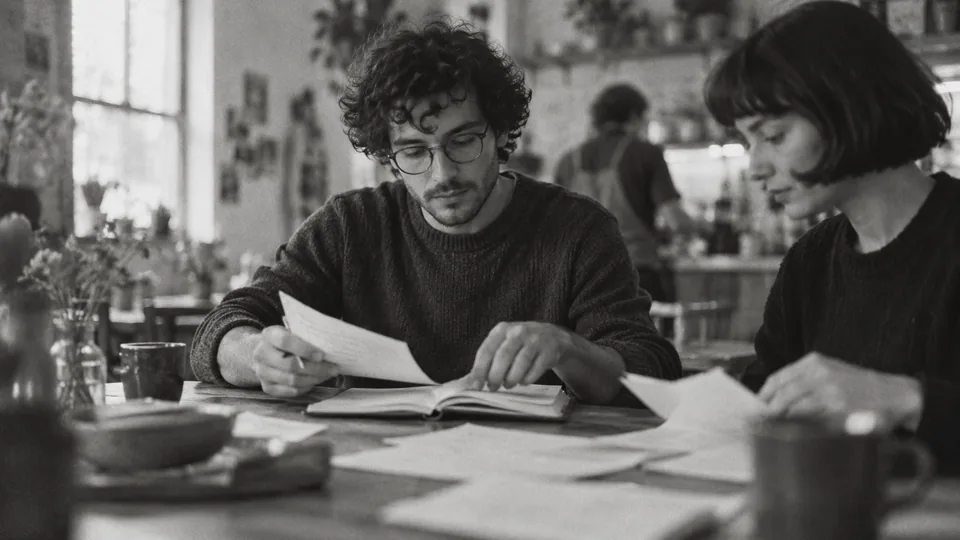 Generated black-and-white editorial photograph: An operator gathers loose notes into an open notebook.