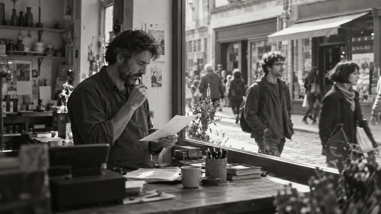 Generated black-and-white editorial photograph: A shopkeeper checks a document beside a busy street window.