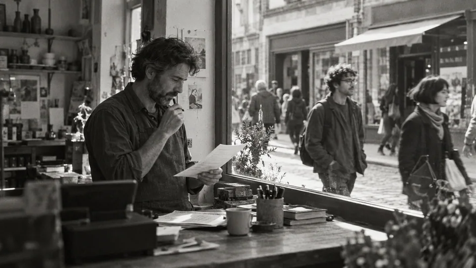 Generated black-and-white editorial photograph: A shopkeeper checks a document beside a busy street window.