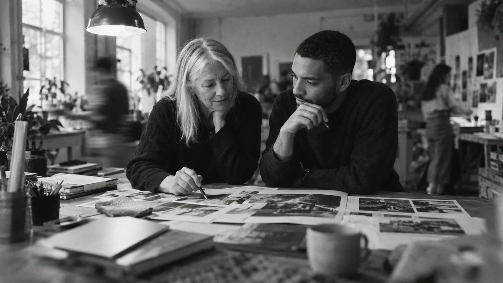 Generated black-and-white editorial photograph: A designer and analyst discuss a campaign mockup and notes.