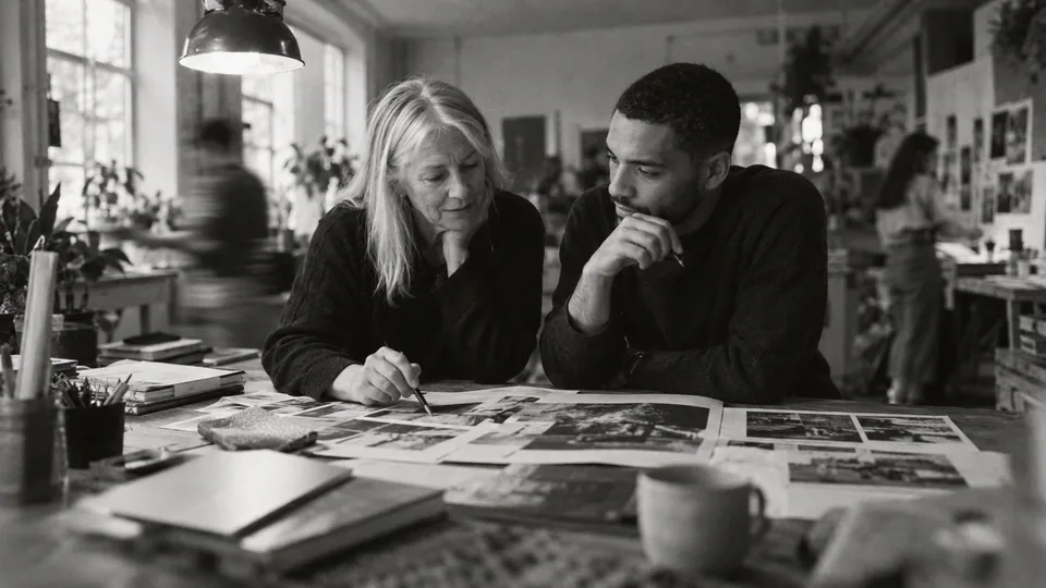 Generated black-and-white editorial photograph: A designer and analyst discuss a campaign mockup and notes.