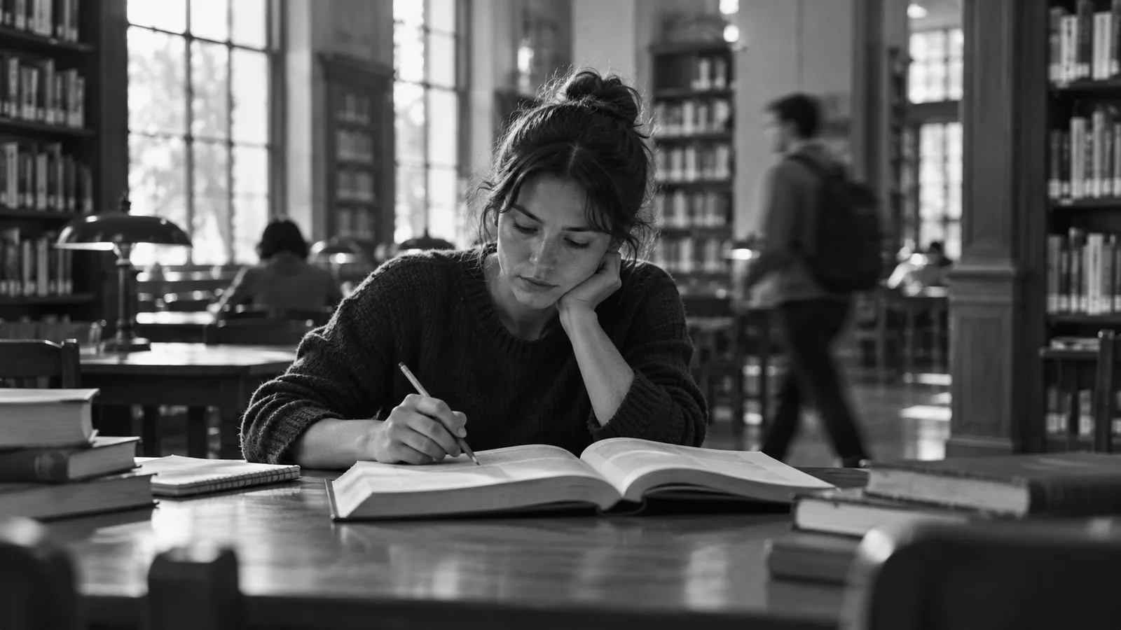Generated black-and-white editorial photograph: A researcher traces a passage in an open book at a library desk.