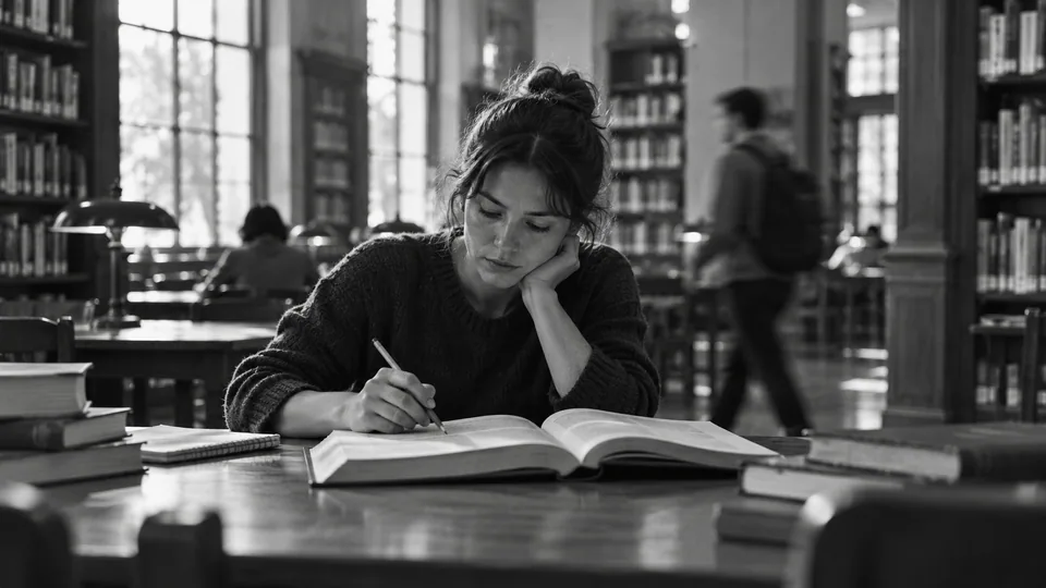 Generated black-and-white editorial photograph: A researcher traces a passage in an open book at a library desk.
