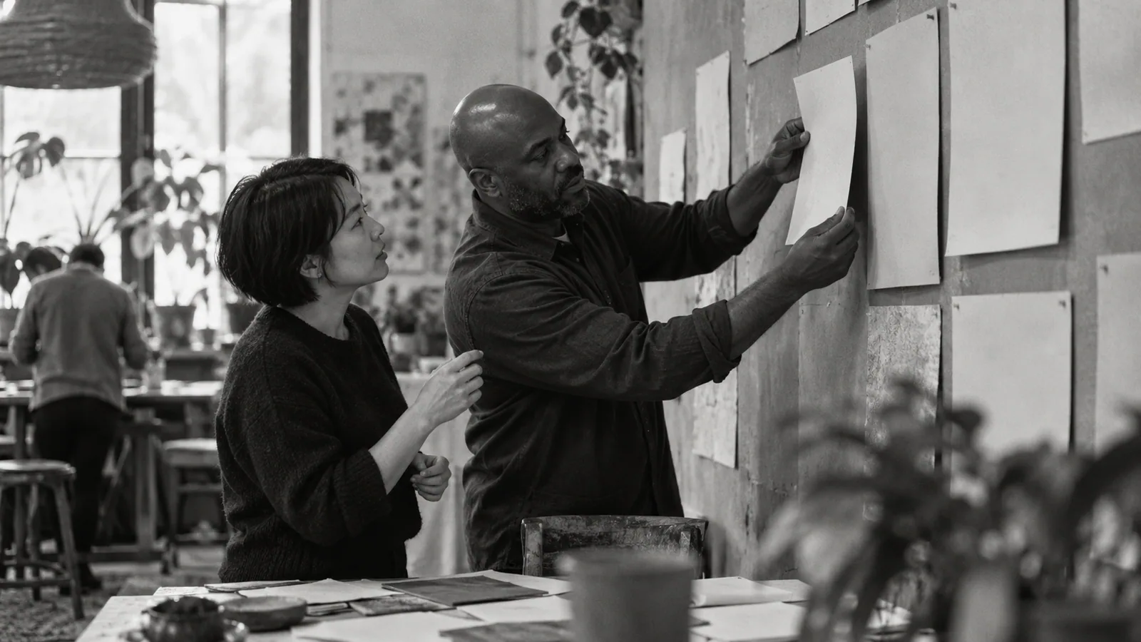 Generated black-and-white editorial photograph: A team arranges project sheets and samples on a working board.