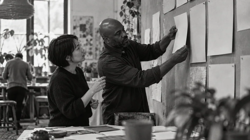 Generated black-and-white editorial photograph: A team arranges project sheets and samples on a working board.