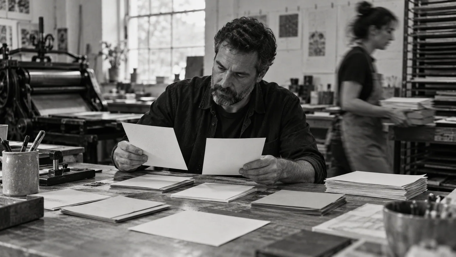 Generated black-and-white editorial photograph: A designer compares two sets of stationery at a print-studio table.