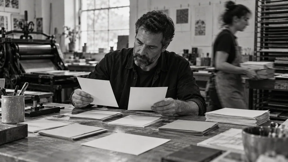 Generated black-and-white editorial photograph: A designer compares two sets of stationery at a print-studio table.