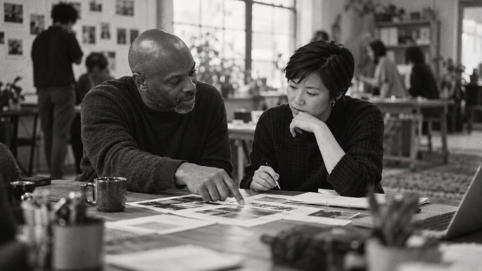 Generated black-and-white editorial photograph: A creative lead and designer review work together at a desk.